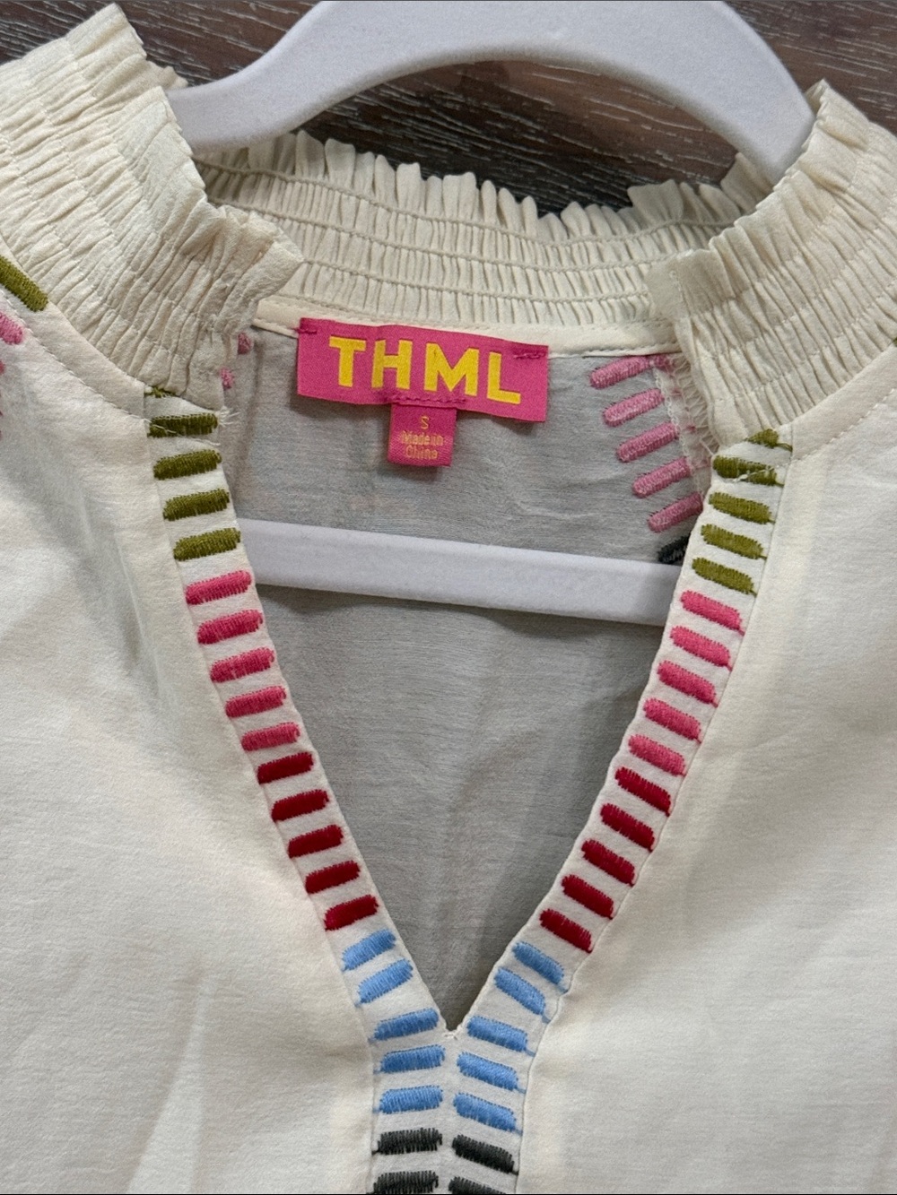 THML Oxbeau Cream V-Neck Top with Multicolor Embroidered Trim - Picture 2 of 5